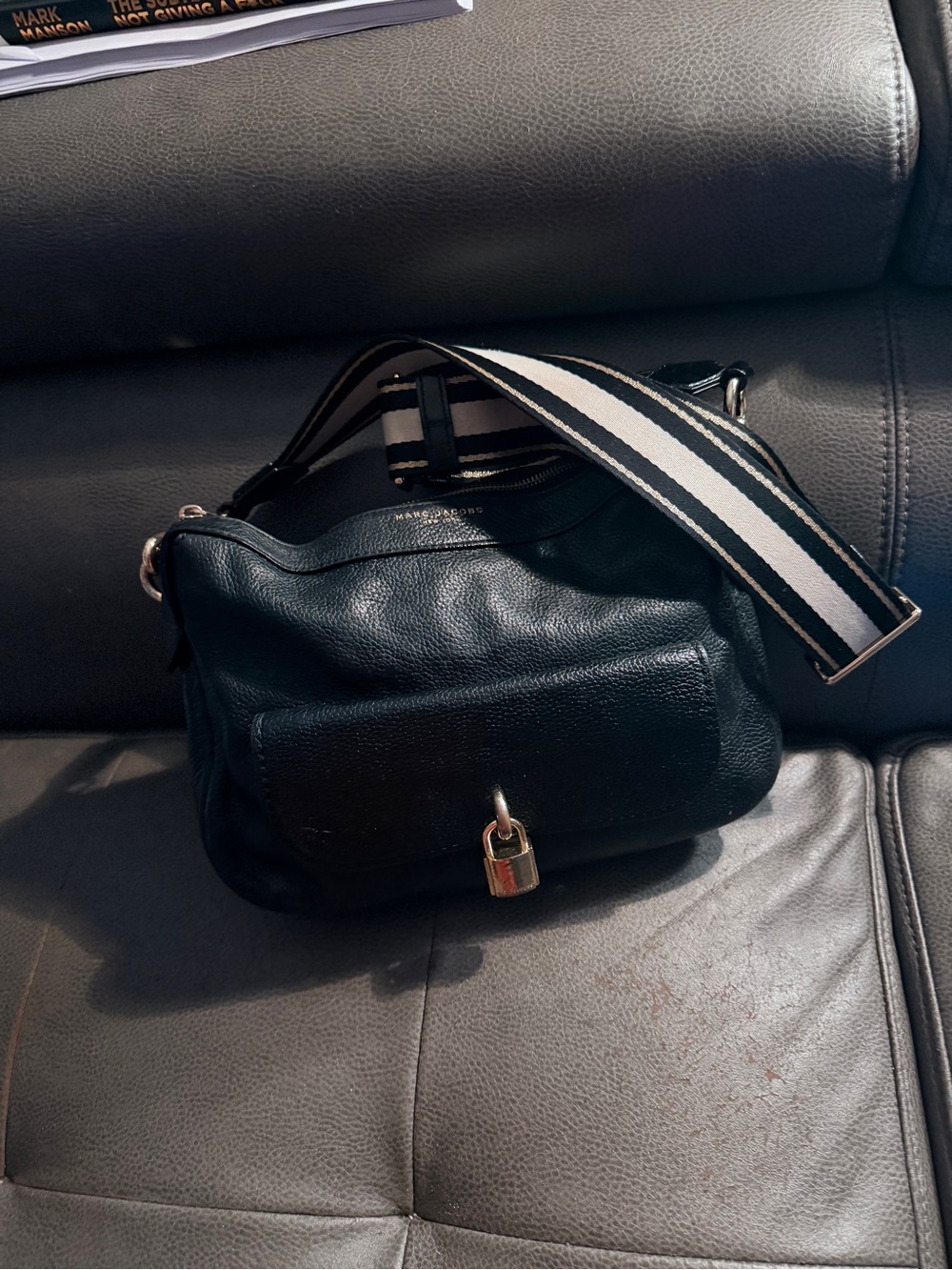 Marc Jacobs Black Pebbled Leather Shoulder Bag with Striped Strap